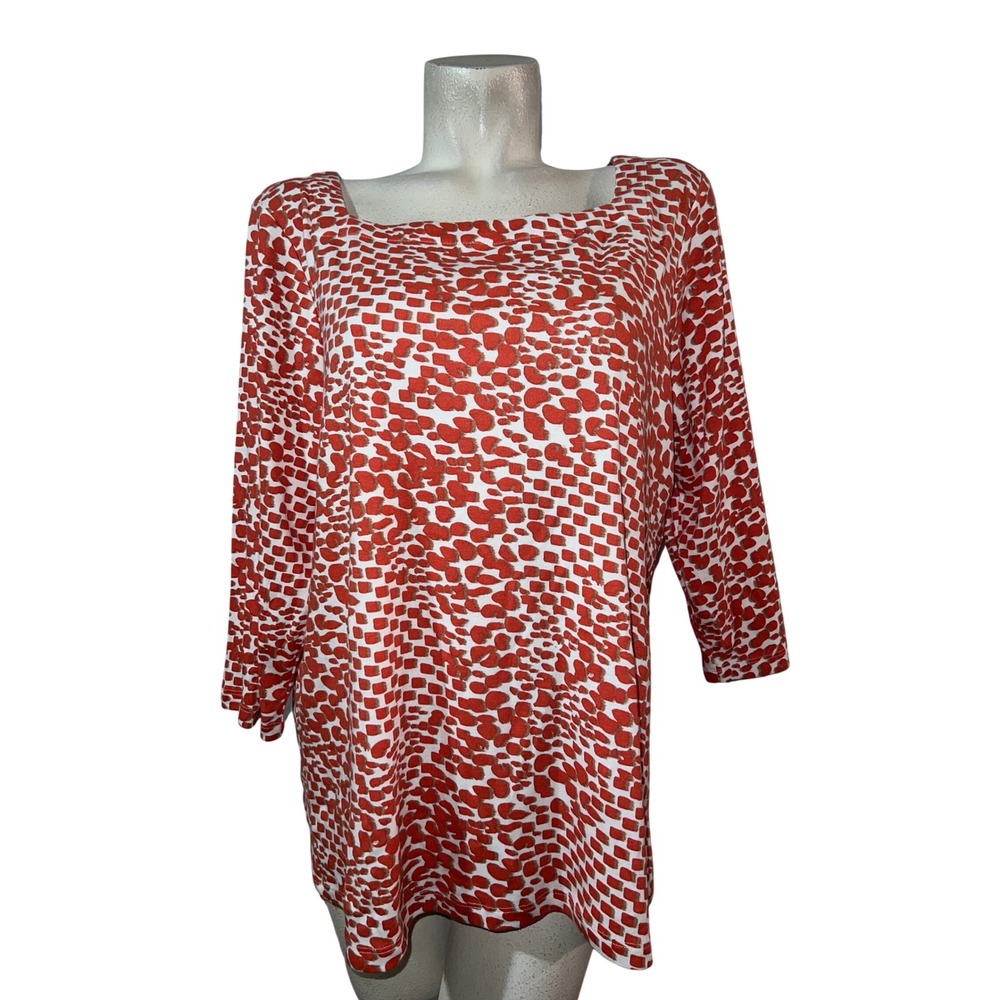 Chicos Coral Wht Geometric Print Cotton Top Square Neck 3/4 Sleeve Size XXL (4)
